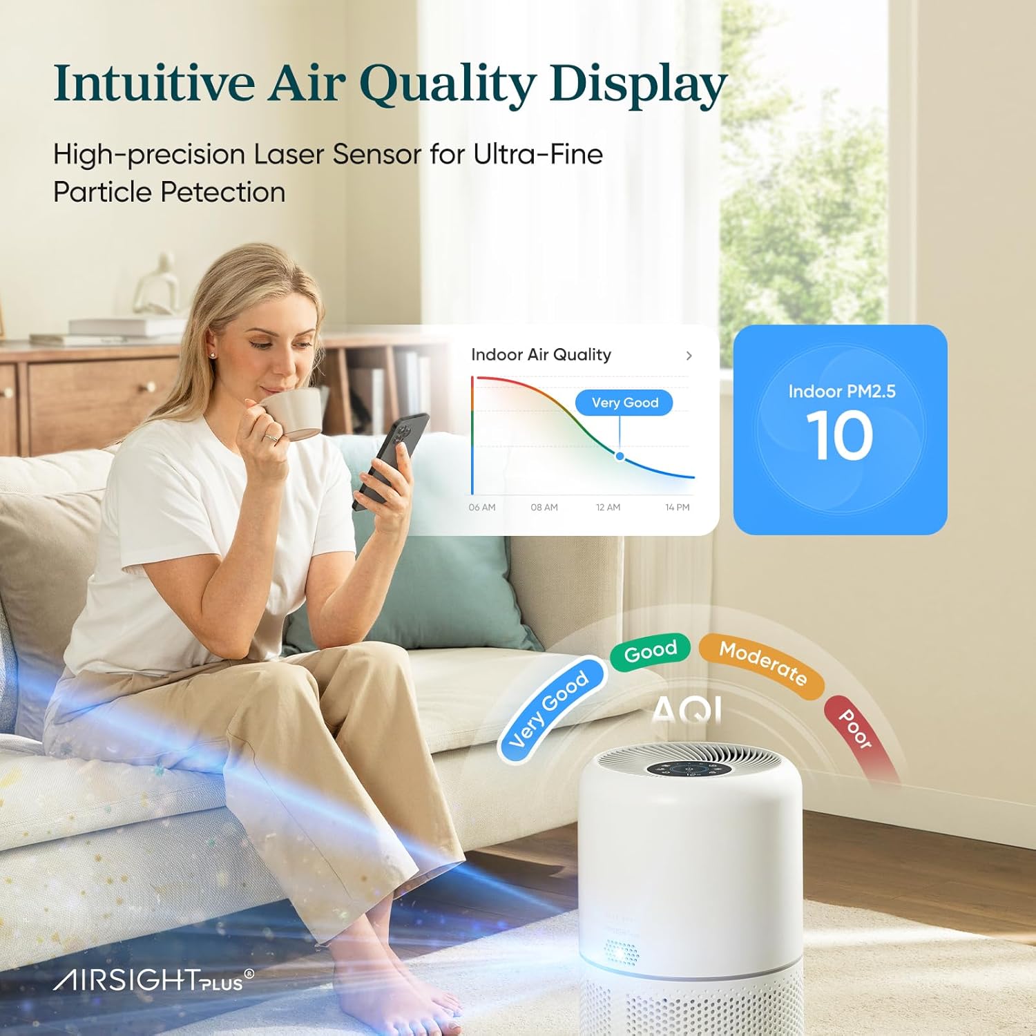 Levoit Core 300S smart HEPA air purifier shown front-on in a living room