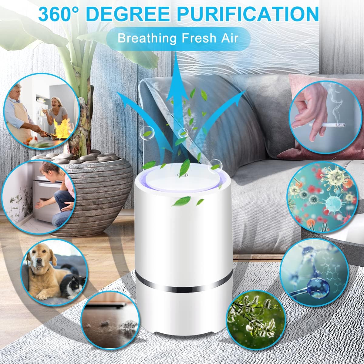 MELEDEN portable air purifier standing on a desk beside a laptop