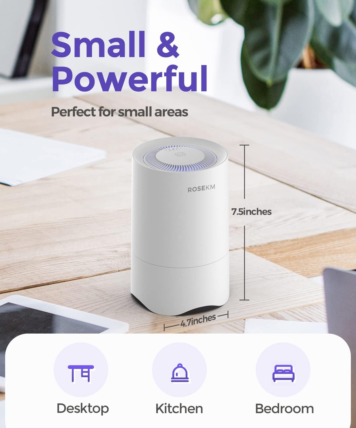 Rosekm white HEPA air purifier front view on a desk